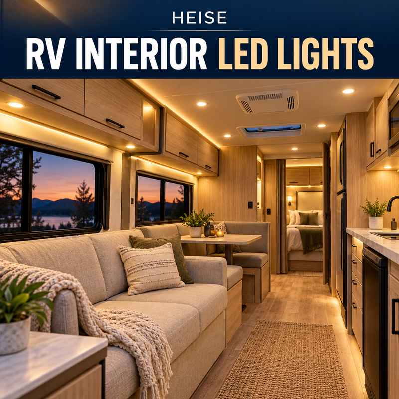 Side-by-side comparison of an RV ceiling dome light and a storage compartment utility light, with HEISE branding.