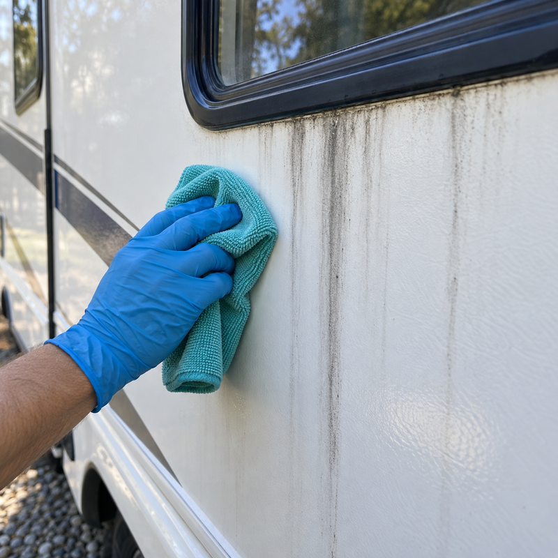 RV detailing supplies including wash brush, microfiber towels and sponge