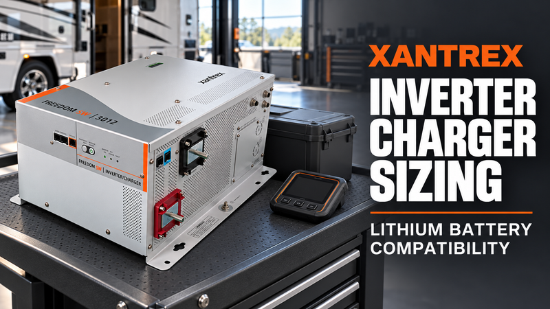 Xantrex Freedom SW3012 inverter charger beside a closed battery case and monitoring device, with sizing and lithium compatibility text.
