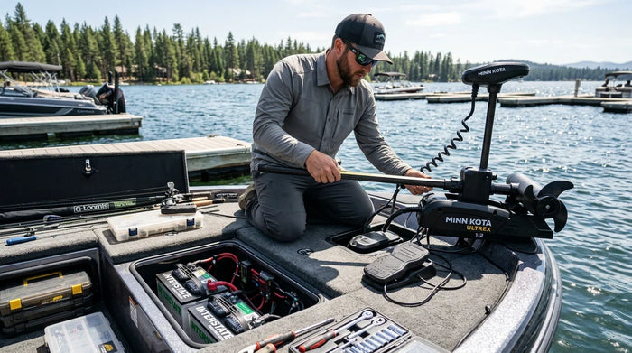 Angler installing a Minn Kota Ultrex bow-mount trolling motor with foot pedal on a fishing boat