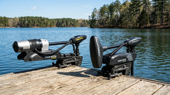 Two Minn Kota Ultrex trolling motors side by side comparing a brushed model and a brushless QUEST model