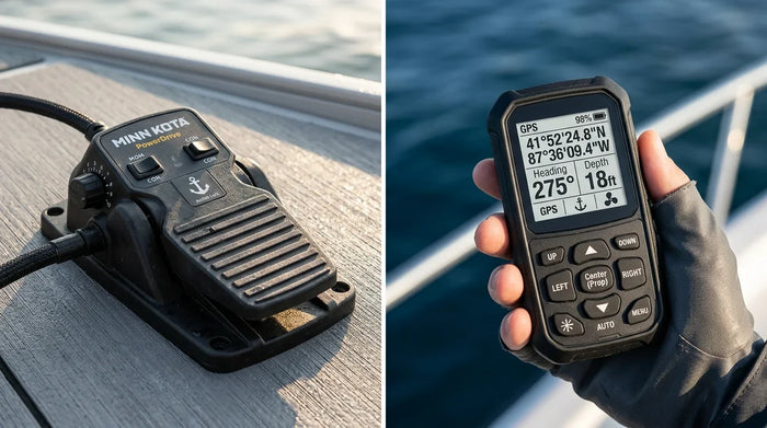 Split comparison of a Minn Kota PowerDrive foot pedal and a handheld GPS micro-remote control