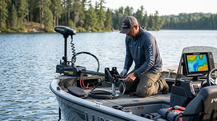 Angler installing a Minn Kota Ulterra bow-mount trolling motor with sonar display on a fishing boat
