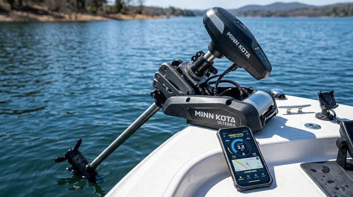 Close-up of a Minn Kota Ulterra trolling motor auto stow and deploy mechanism with a smartphone showing a boat control app
