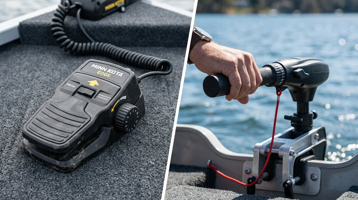 Split comparison of a Minn Kota Edge foot pedal cable steer control and a hand tiller control