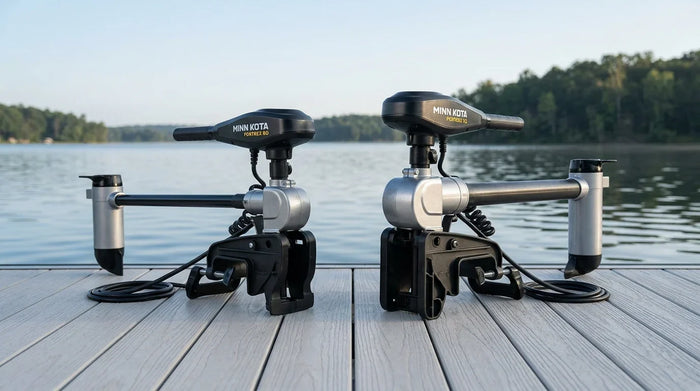 Two Minn Kota Fortrex trolling motors side by side comparing 80 lb and 112 lb thrust models