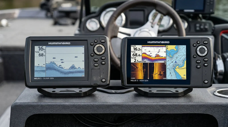 Two Humminbird HELIX 5 fish finder units side by side comparing older and newer generation displays