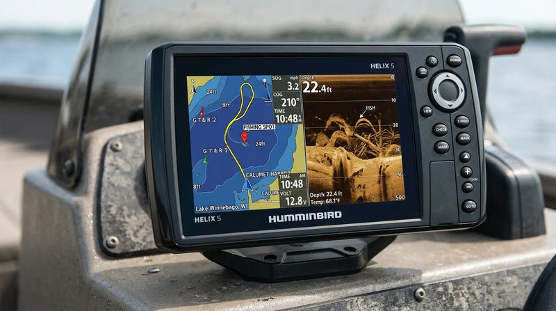 Humminbird HELIX 5 display showing split screen with GPS chartplotter map and down imaging sonar view