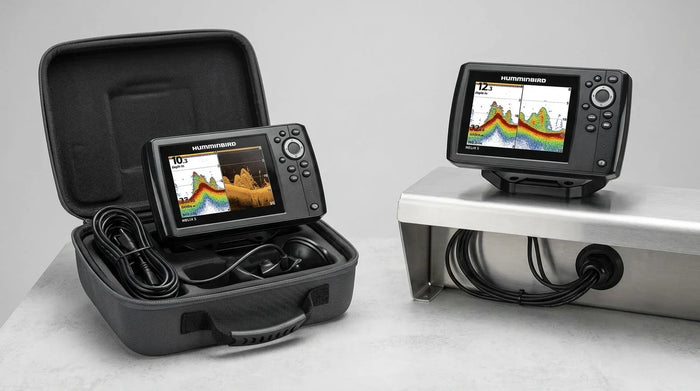 ortable Humminbird HELIX 5 fish finder in a carrying case next to a fixed mount HELIX 5 unit installed on a boat console