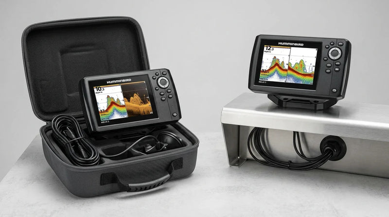 ortable Humminbird HELIX 5 fish finder in a carrying case next to a fixed mount HELIX 5 unit installed on a boat console