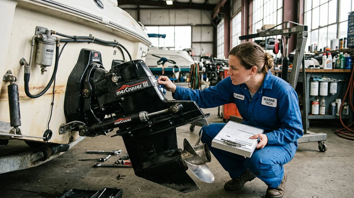 Marine technician inspecting the identification tag on a MerCruiser Bravo sterndrive outdrive mounted on a boat transom with a clipboard