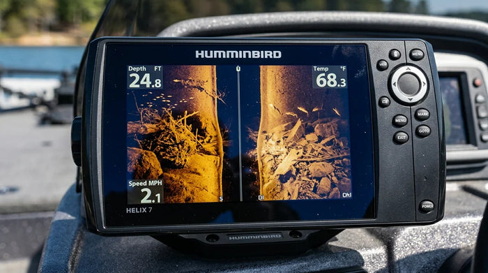 Humminbird HELIX 7 screen showing split view of Side Imaging and MEGA Down Imaging sonar underwater views