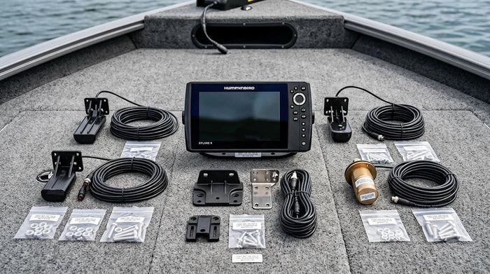 Multiple sonar transducers laid out on a boat deck next to a Humminbird XPLORE 9 fish finder unit for transducer setup planning