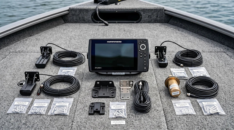 Multiple sonar transducers laid out on a boat deck next to a Humminbird XPLORE 9 fish finder unit for transducer setup planning