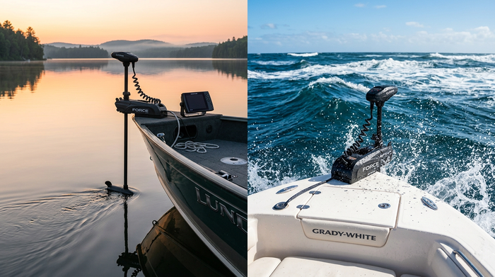 Split comparison of a trolling motor on a boat in a calm freshwater lake and a trolling motor on a boat in ocean saltwater