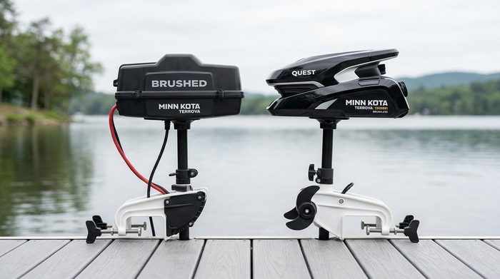 Two Minn Kota Terrova trolling motors side by side comparing a brushed model and a QUEST dual-voltage model