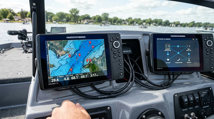 Humminbird XPLORE 10 fish finder displaying a lake map with waypoints connected via network cables to another marine display