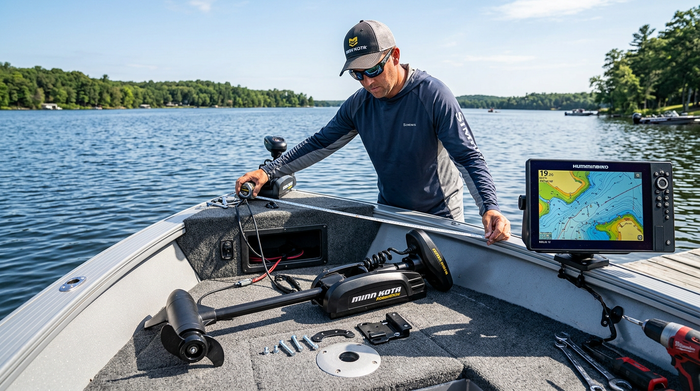Angler installing a Minn Kota PowerDrive bow-mount trolling motor while measuring bow height and checking GPS display