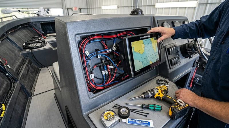 Humminbird XPLORE 12-inch fish finder being installed into a boat dashboard cutout with cable routing visible behind the console