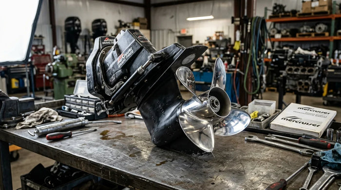 : Close-up of a MerCruiser Bravo Three dual counter-rotating propeller sterndrive unit on a workbench in a marine repair shop