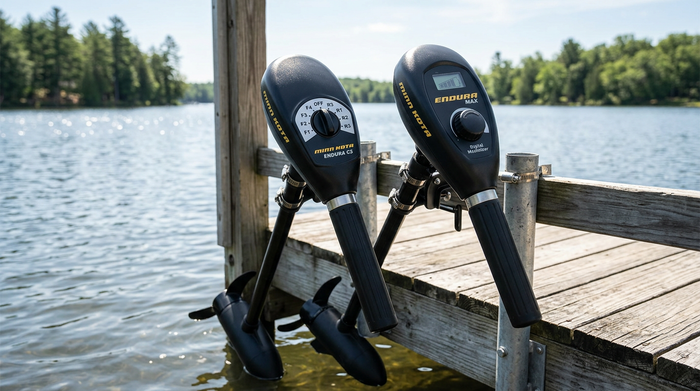 Two Minn Kota Endura transom mount trolling motors compared side by side, one with stepped speed control and one with Digital Maximizer