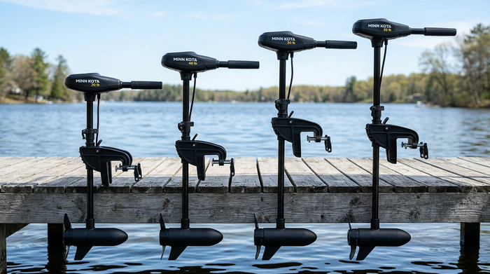 Four Minn Kota Endura transom mount trolling motors of graduating sizes lined up on a dock representing 30, 40, 50 and 55 lb thrust options