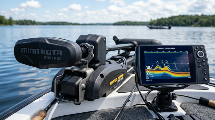 Close-up of a Minn Kota Fortrex trolling motor head with built-in sonar next to a Humminbird fish finder display