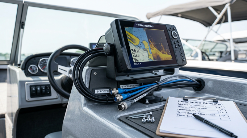 Checklist clipboard next to a Humminbird XPLORE 9 fish finder installation showing mounting bracket, power and network cabling