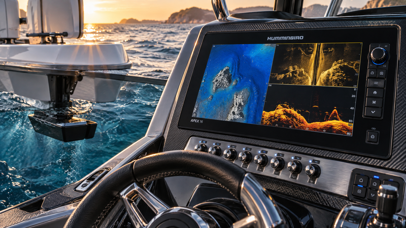 Humminbird APEX 16 Chartplotter mounted on a boat helm showing transducer comparison for marine navigation