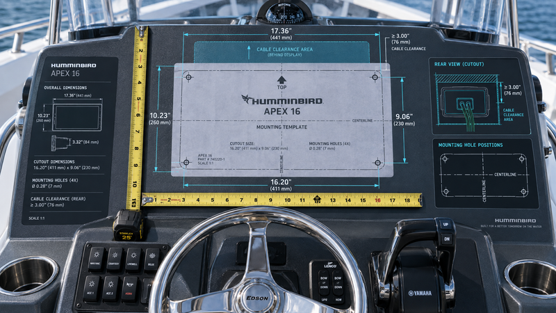 Planning a 16 inch Humminbird APEX helm installation with dimensional measurements on a boat dashboard