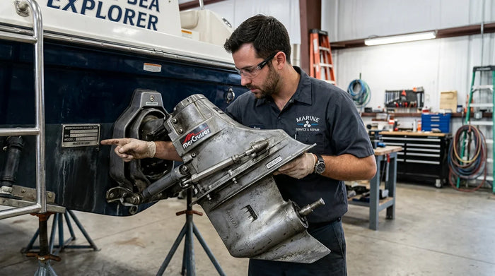 Marine technician holding a MerCruiser Bravo upper unit gearcase near a serial number tag on a boat transom in a repair workshop