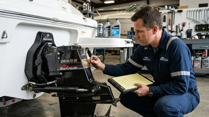 Marine technician examining a MerCruiser Bravo outdrive identification tag and recording serial numbers on a clipboard in a workshop