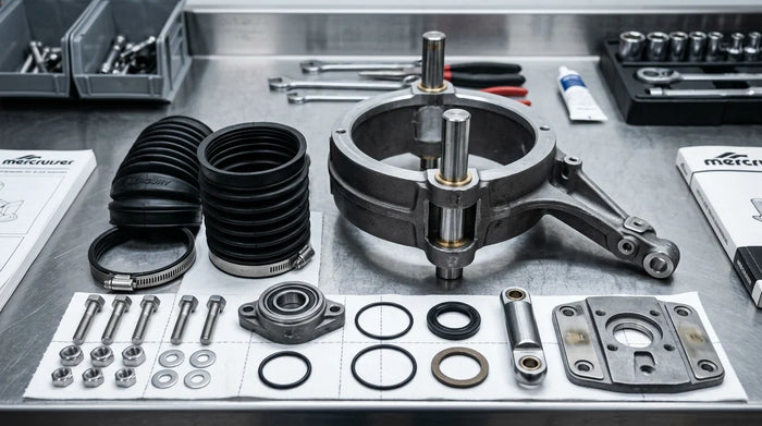 Disassembled Bravo transom assembly plate with bellows, gimbal ring, and mounting hardware laid out on a marine workshop bench