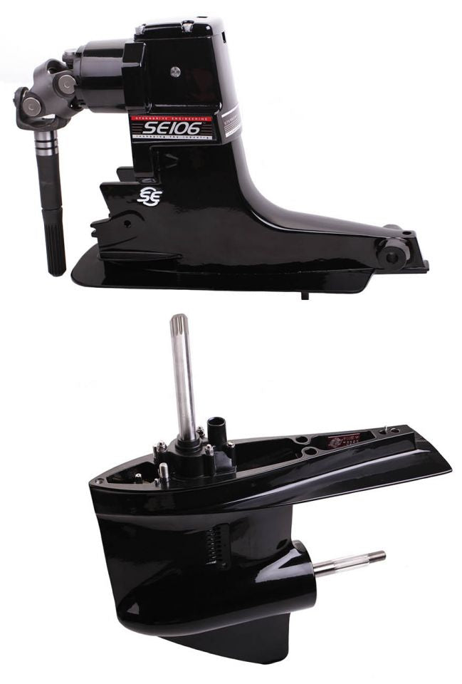 Black SEI Marine SE106 sterndrive unit showing upper assembly with u-joint and lower unit drive shaft assembly