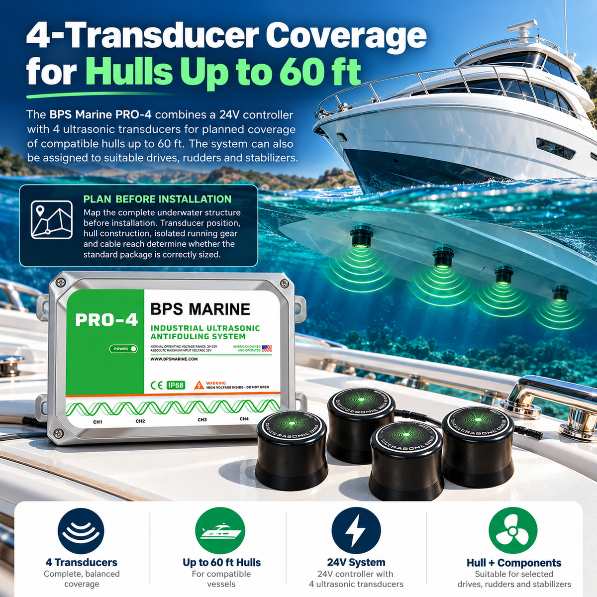 BPS Marine PRO-4 industrial ultrasonic antifouling system with 24V controller and four transducers, designed for compatible boat hulls up to 60 ft plus selected drives, rudders, and stabilizers.