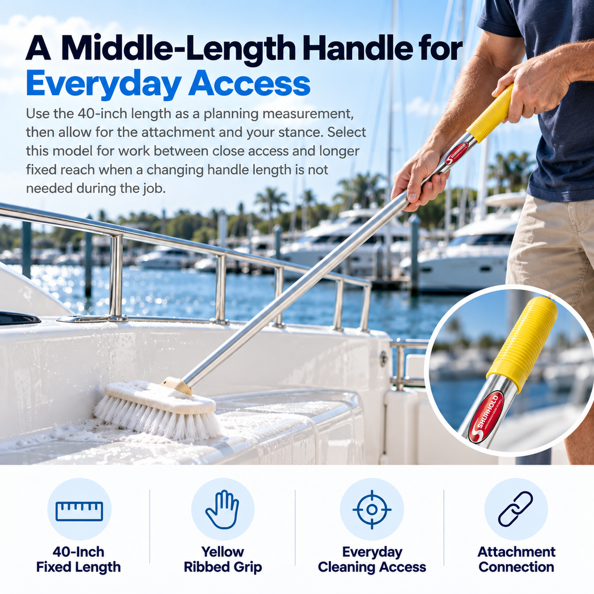 Shurhold 740 40-inch fixed-length handle with yellow ribbed grip used with a brush to clean a white boat cockpit surface.