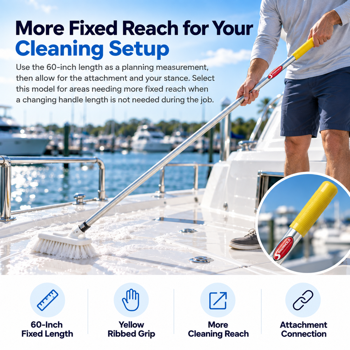Shurhold 760 60-inch fixed-length handle with yellow ribbed grip used with a brush to wash a white boat deck.