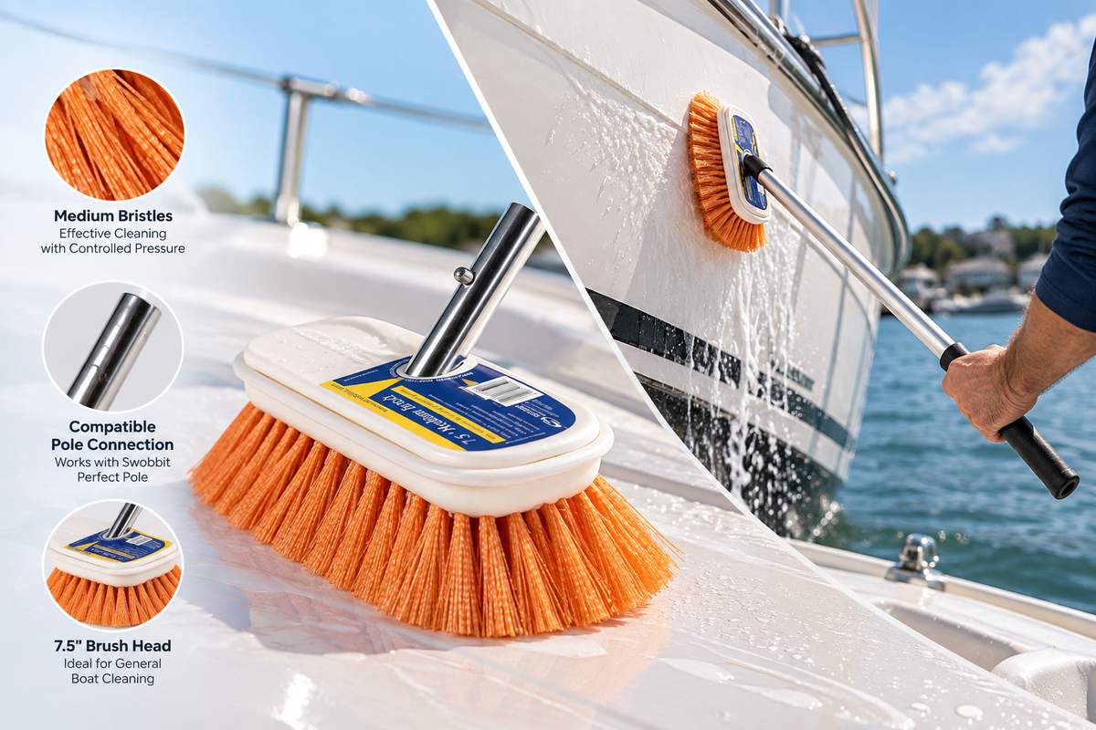 Swobbit 7.5-inch Medium Orange Brush shown cleaning a boat hull, featuring medium bristles, a compatible pole connection, and a 7.5-inch brush head for general marine cleaning.