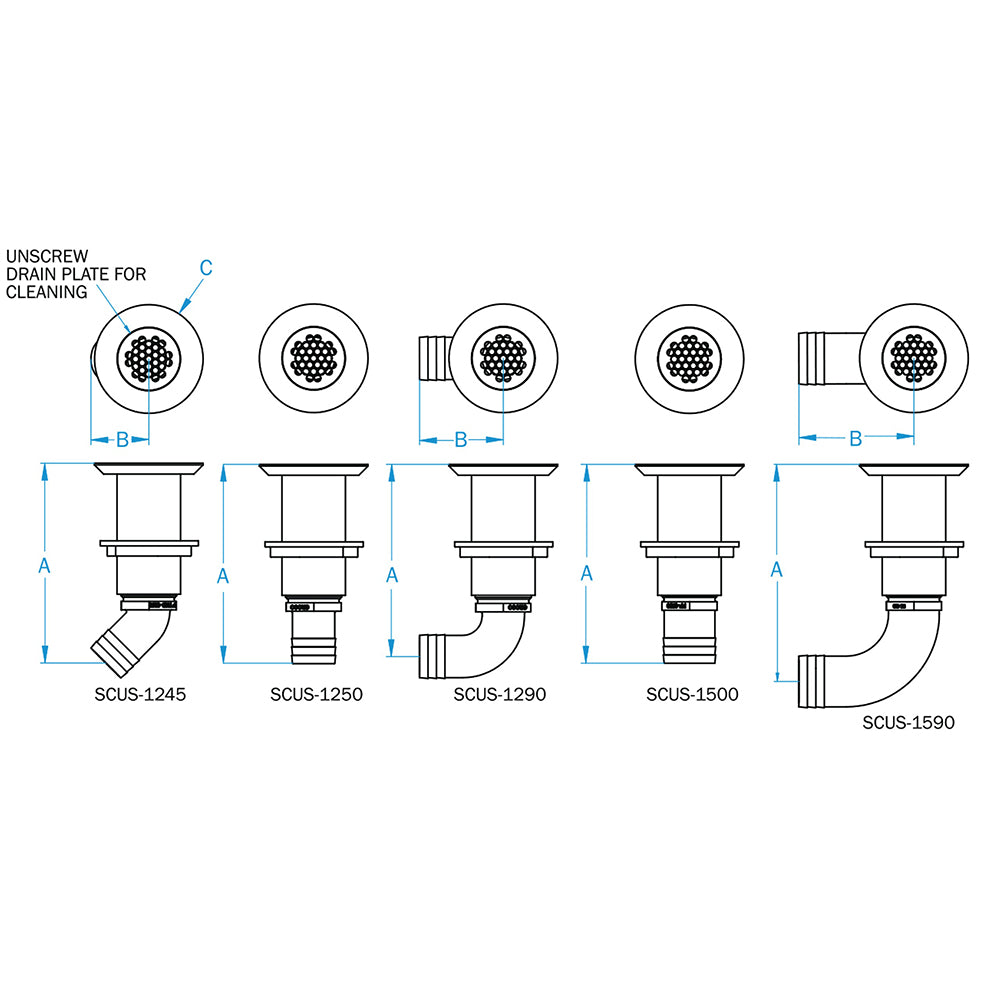 GROCO 1-1/4" Hose Barb Stainless Straight Deck Drain 