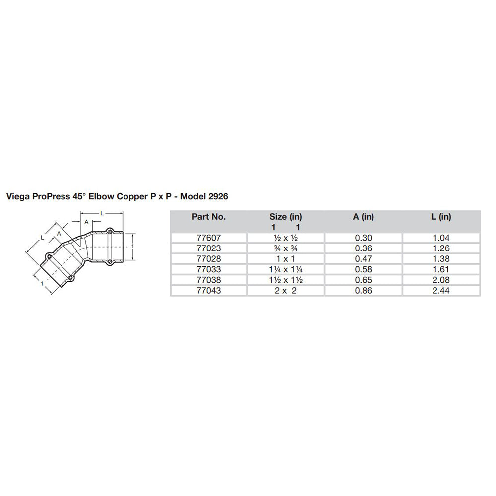 Viega ProPress 3/4" - 45° Copper Elbow - Double Press Connection - Smart Connect Technology