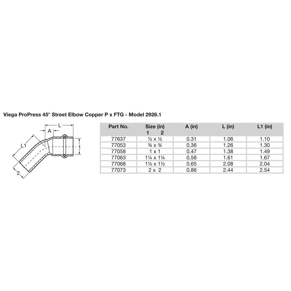 Viega ProPress 1-1/2" - 45° Copper Elbow - Street/Press Connection - Smart Connect Technology