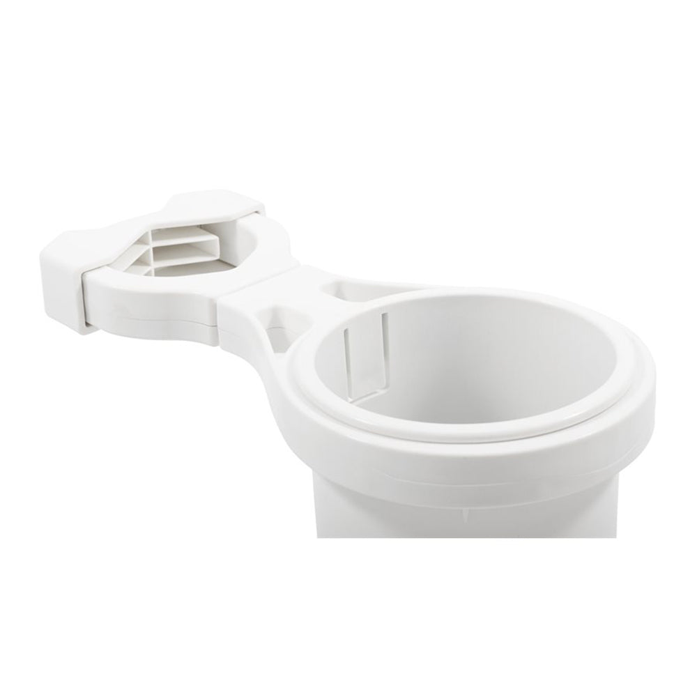 Camco Clamp-On Rail Mounted Cup Holder - Small for Up to 1-1/4" Rail - White 
