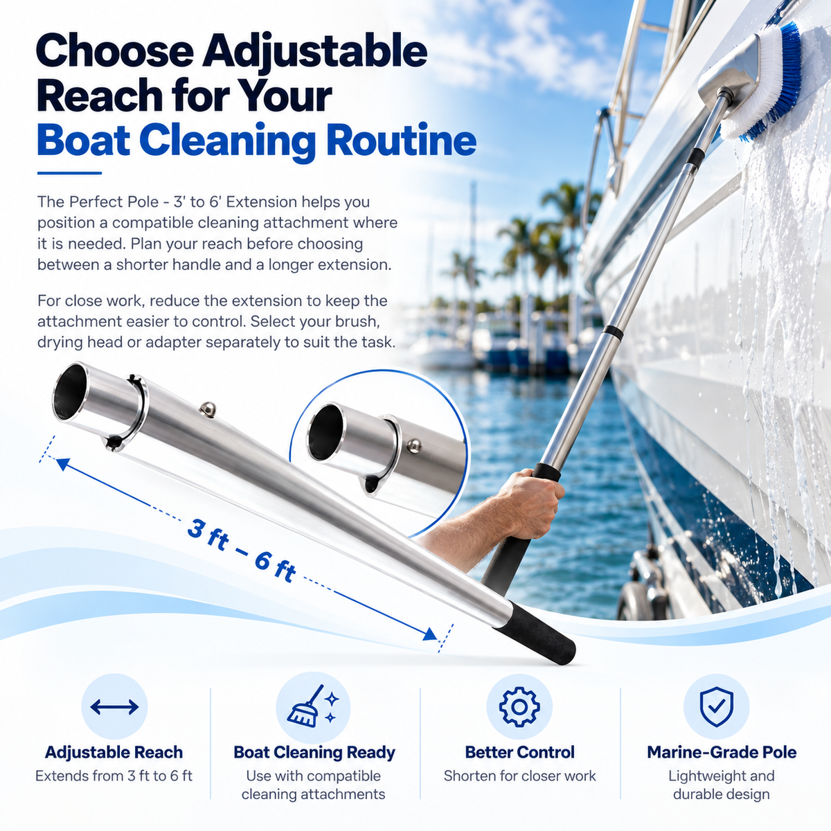 Swobbit Perfect Pole 3' to 6' extension shown in use cleaning a boat hull, highlighting its adjustable reach, marine-grade design, and compatibility with boat-cleaning attachments.