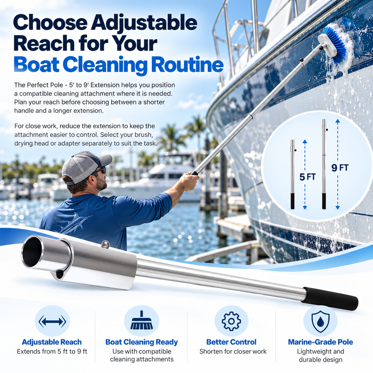 Swobbit Perfect Pole 5' to 9' adjustable extension shown cleaning a boat hull, designed for compatible marine cleaning attachments with extended reach and better control