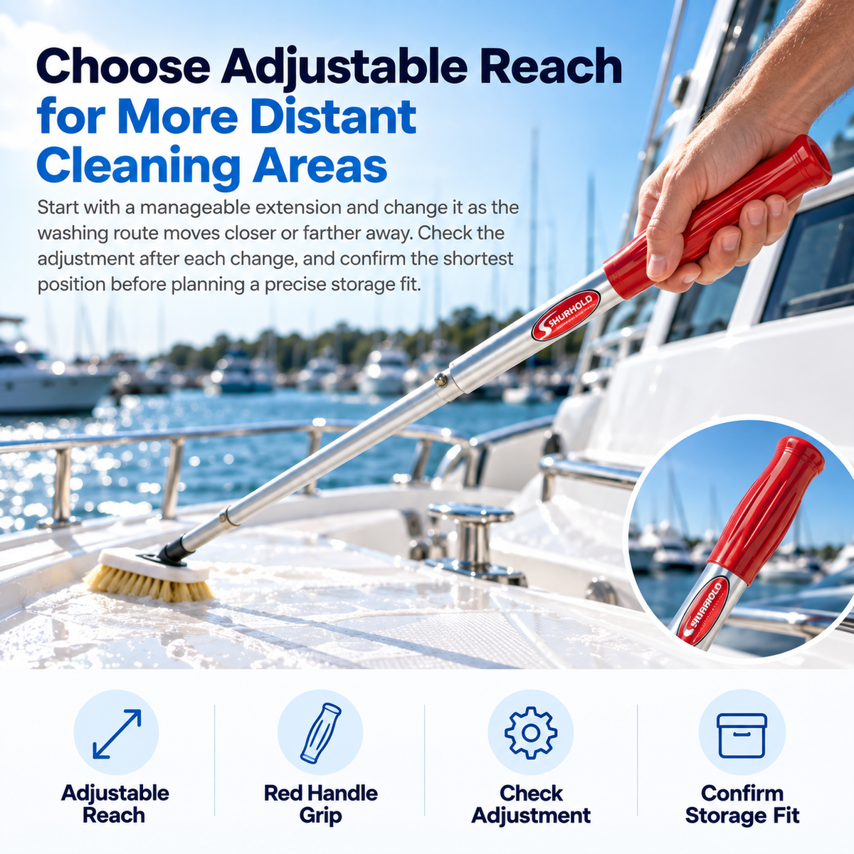 Shurhold 855 telescoping handle with a red grip guiding a cleaning brush across a white yacht deck, with a close-up of the grip.