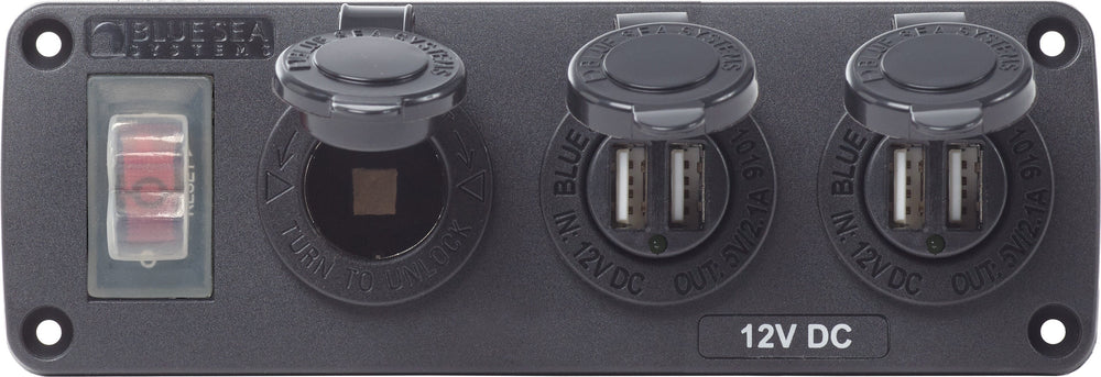 Blue Sea Water-Resistant 12V 15A Circuit Accessory Panel 12v Socket and Dual USB x 2