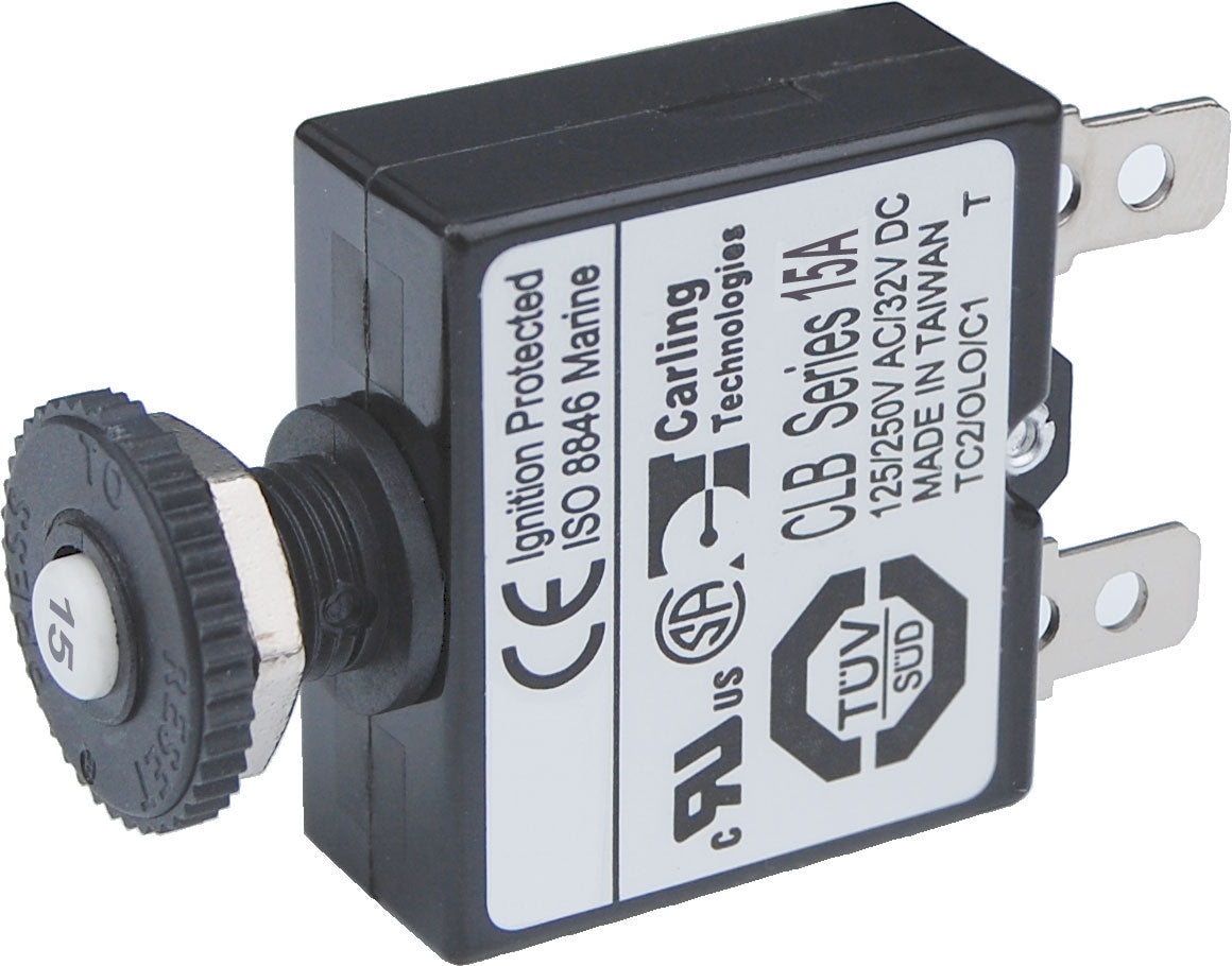 Push Button Reset Circuit Breaker 7056 15 Amp 1/4 Inch Quick Connect - Mariners Warehouse