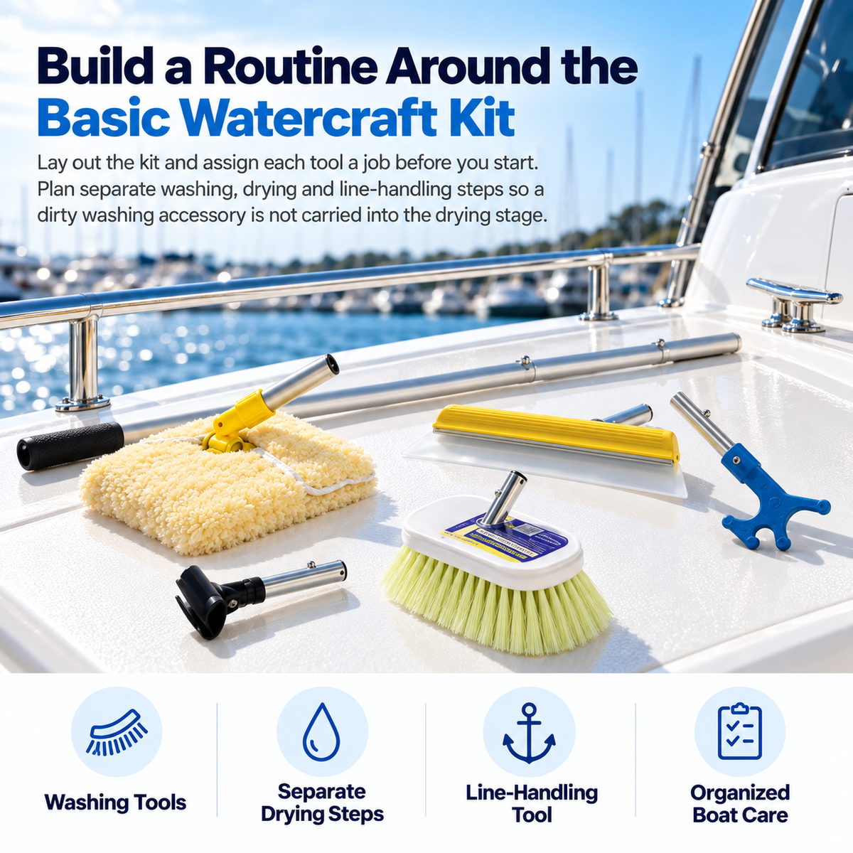 Swobbit SW81000 Basic Watercraft Kit arranged on a boat deck with washing, drying and line-handling tools for routine boat care.