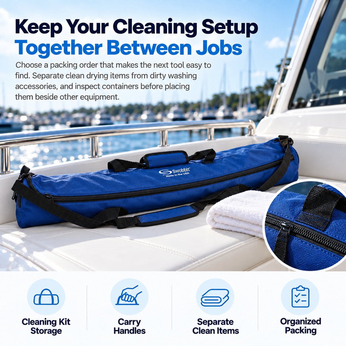 Swobbit SW81400 blue cleaning kit carry bag on a boat bench, showing black handles, shoulder strap and a zipper detail inset.