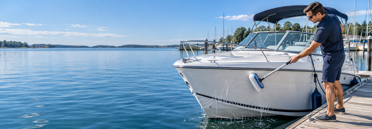 Boat owner washing a white fiberglass boat hull with a soft brush at a marina.
